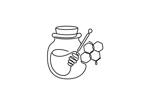 Continuous line drawing of honey jar with honeycomb and dipper