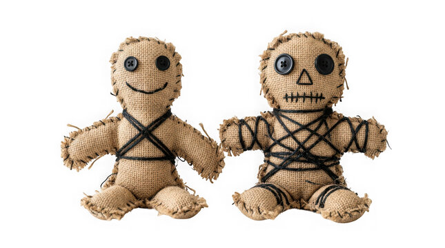 Two handmade burlap voodoo dolls isolated on transparent background