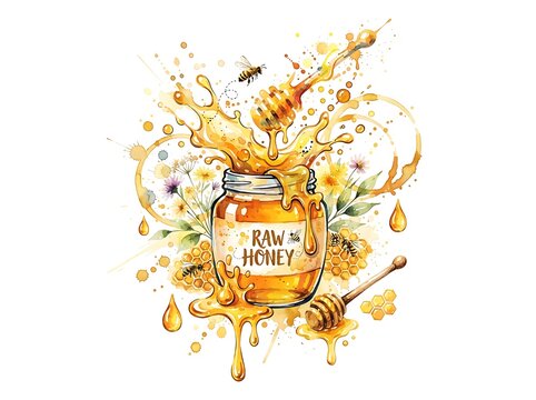 Honey jar dripping with golden sweetness and bees