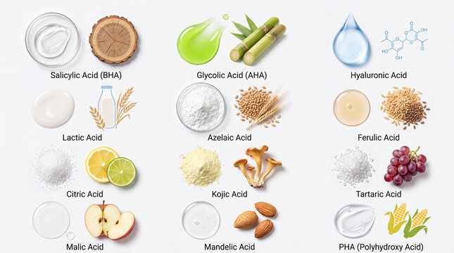 Infographic collection of skincare acid ingredients featuring icons, sources, and text labels including AHA, BHA, PHA, and Hyaluronic Acid isolated on a white background.