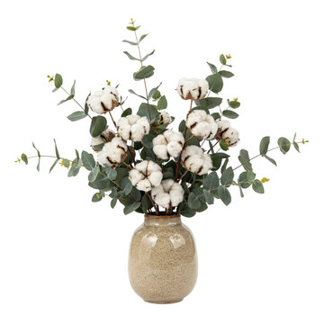Dried cotton stems and green eucalyptus leaves arranged in a speckled ceramic vase for home decor isolated on a transparent background
