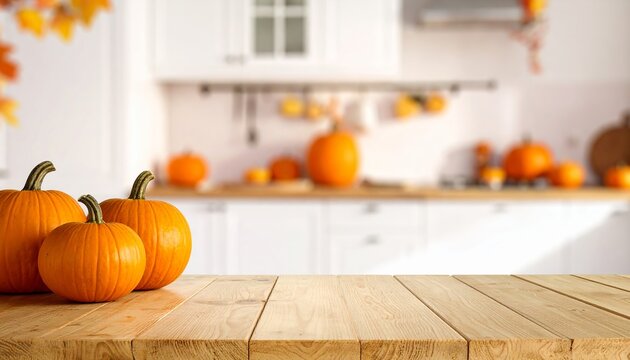 Wooden table surface with generous copy space, on autumn kitchen interior decorated with orange pumpkins, cozy fall atmosphere