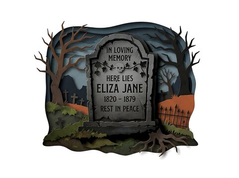 Gravestone in spooky forest setting with trees and fence
