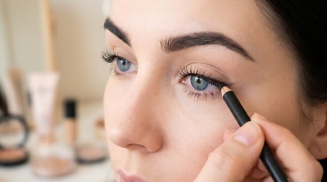 Woman applying black eyeliner to upper eyelid makeup