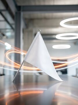 White triangular flag on reflective surface with light trails