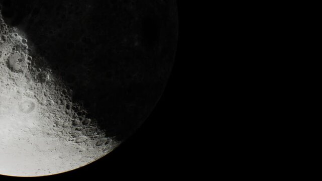 The moon is visible in space, showing surface craters and shadows. The lighting highlights parts of the moons surface, capturing its texture during nighttime.