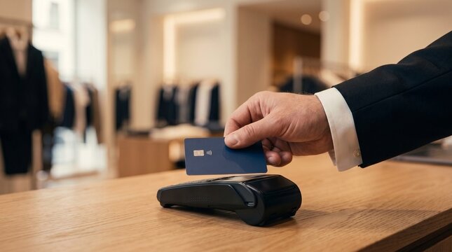 A professional man makes a secure contactless credit card payment at a retail checkout counter using a modern digital wireless terminal device