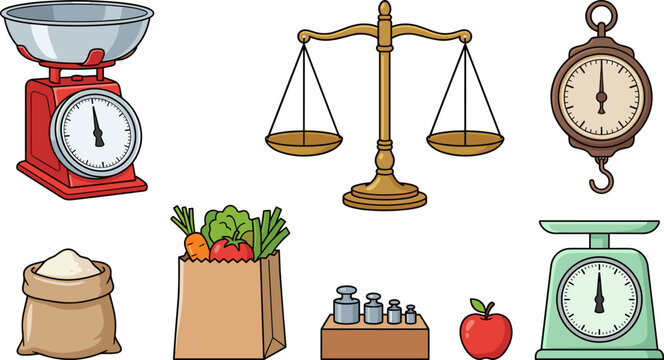 Vintage and Retro Weighing Scale Vector Set with Mechanical Kitchen Scales, Balance Scales, Hanging Spring Scale, Calibration Weights, and Grocery Icons
