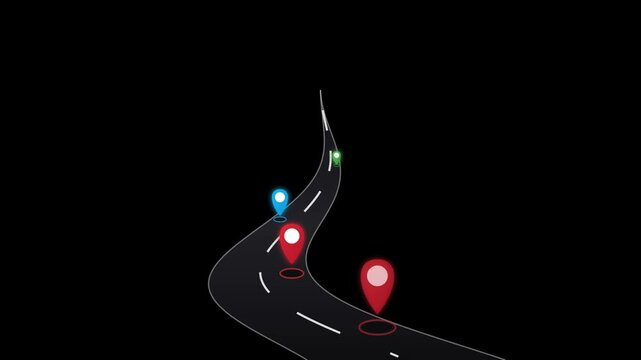 Winding road map with glowing location pin pointers and milestone markers on black background for business timeline and navigation journey
