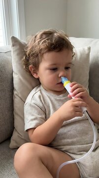 Toddler using nasal aspirator on couch child baby snot sucker