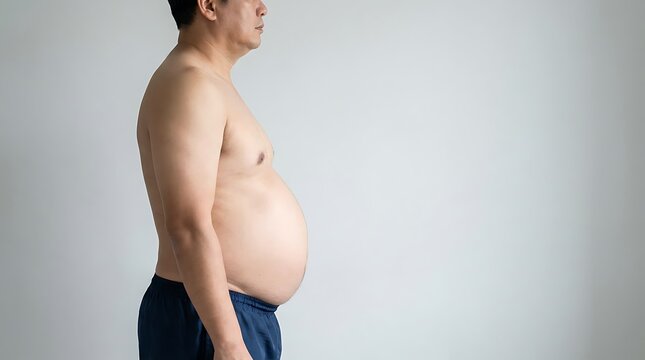 Shirtless man with large belly standing against white background
