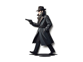 Fototapeta premium Man in hat and trench coat holding gun walking