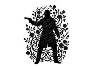 Fototapeta premium Man with gun entangled in rose bush silhouette