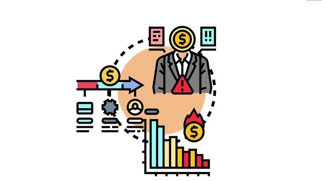 Manager analyzing cash inflows and funding actions, facing a financial risk or declining liquidity represented by a descending bar chart and warning signs