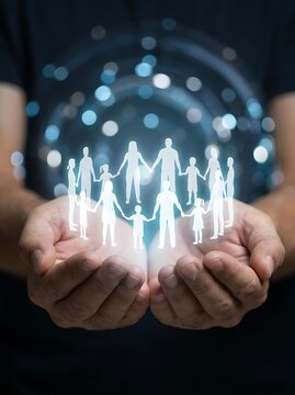 Hands holding holographic human figures family