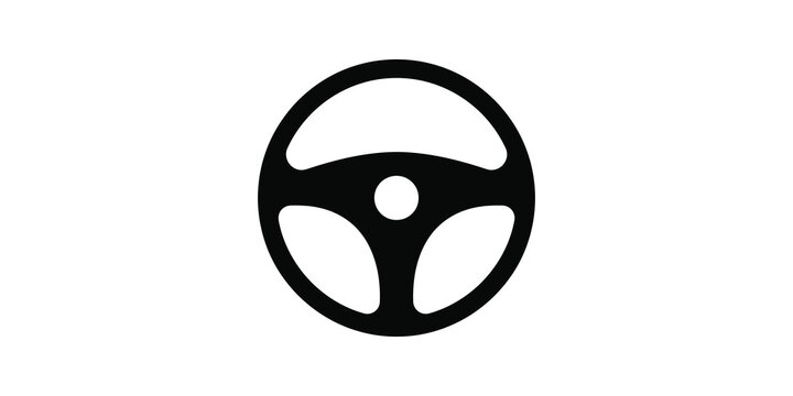 Black steering wheel icon for automotive control and driving concepts.