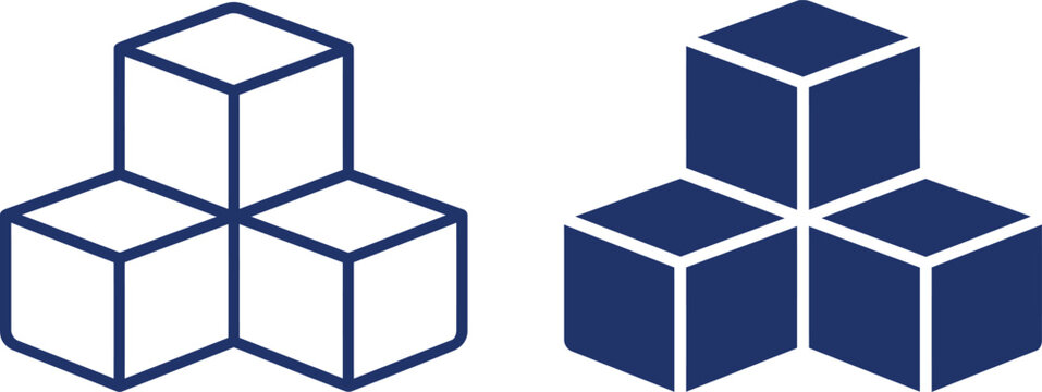 Cubes stack icon set showing isometric blocks in blue line and solid styles for modular database.