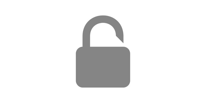 Gray unlocked padlock icon for security access and open status.