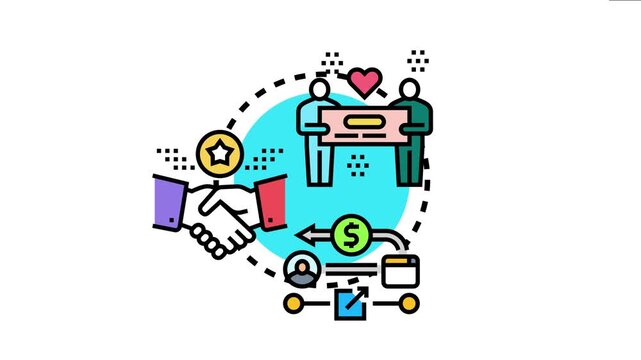 Financial transaction voucher payment concept featuring people exchanging a document, a handshake symbolizing a deal, and an arrow diagram digital money flow and reward