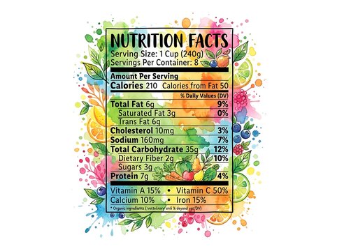 Nutrition facts label with fresh fruit accents
