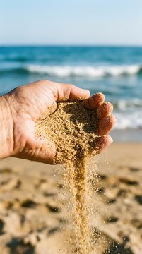 Hand pouring sand on beach ocean flowing