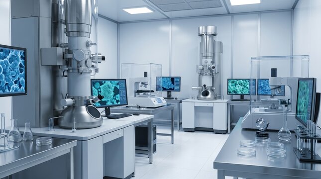 Modern high-tech scientific research laboratory interior with advanced electron microscopes and computers