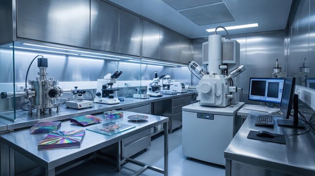 Modern scientific laboratory featuring advanced electron microscope and precision research equipment in a sterile high-tech environment