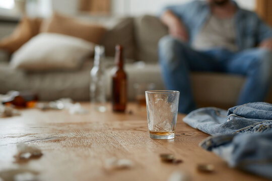 Man sits on a couch, distant and disengaged. Glass, empty, rests on a cluttered table. Beer bottles and spilled liquid litter the surface. Clothing lies folded nearby, suggesting recent use