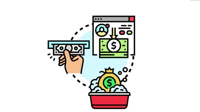 Cash surrender value concept showing withdrawing funds from an online account, receiving a payout, and processing assets