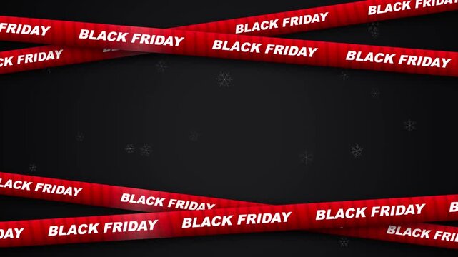 Black friday sale banner background with red warning tapes ribbons on dark background with snowflakes and copy space for text promotion discount