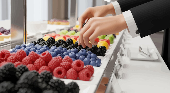 Hands arranging fresh berries and fruits in a gourmet buffet display