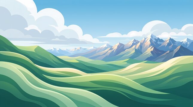 Vector mountain landscape with rolling green hills, scenic nature background with mountain peaks and blue sky, outdoor travel banner