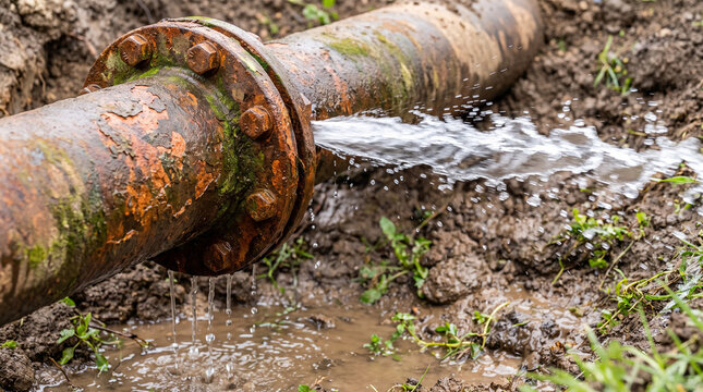 Old rusty metal pipe leaking water onto muddy ground, showing infrastructure deterioration outdoors