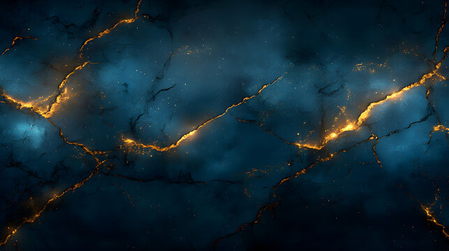 Dark abstract background with glowing gold and blue lightning cracks