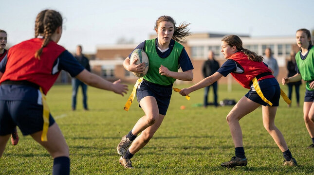 Girls playing tag rugby competition outdoors photo
