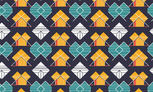 Retro Geometric House Motif Seamless Vector Pattern &mdash; Teal Orange White on Dark Navy