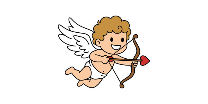 Cartoon cupid flying with bow and heart arrow for valentines day card.