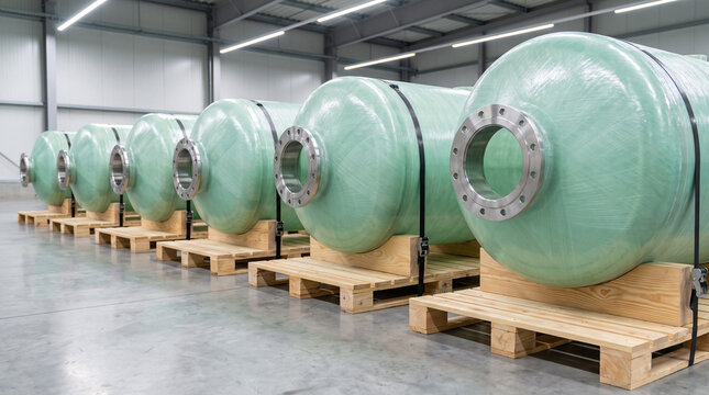 Rows of large green fiberglass pressure vessels on wooden pallets stored in a bright industrial warehouse