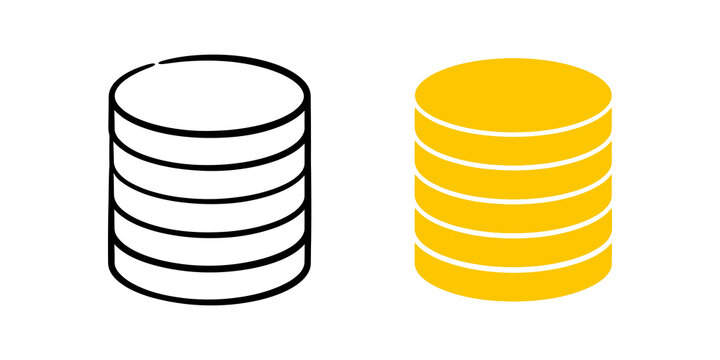 Database server icons in black line art and solid yellow flat design.
