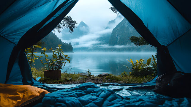 View from inside camping tent looking out at foggy lake forest