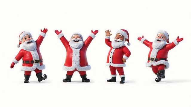 Four cheerful santa claus characters celebrating christmas on white background