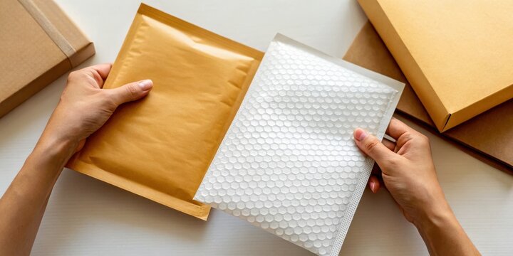 Economy creator concept. Hands holding padded mailers with cardboard shipping boxes on a white surface.