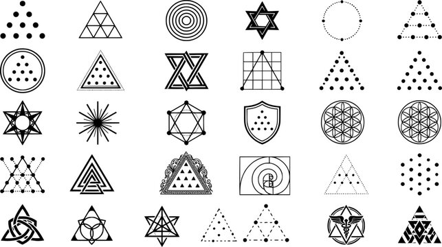 Sacred geometry tetractys symbol set featuring pythagorean triangles flower of life golden ratio spirals and alchemy seals in black line art vector style isolated on white background.