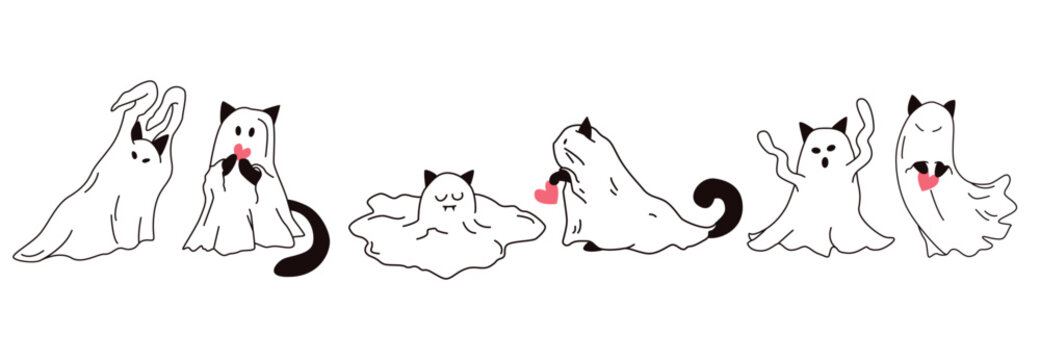 Halloween ghosts and cats set. Funny faces and different poses. Whimsical feline characters in line art style isolated on white background
