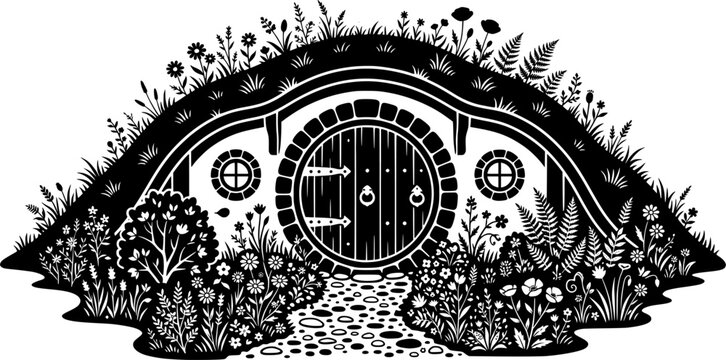 Cozy hobbit house burrow with round wooden door and botanical garden in detailed black and white folk art linocut line drawing vector style isolated on white background.
