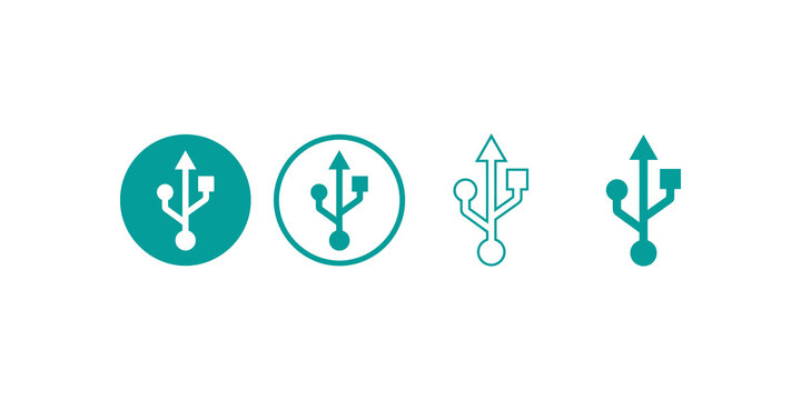 Teal usb connection symbol set in solid outline and flat design styles.