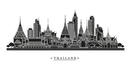Fototapeta premium Bangkok Cityscape Silhouette: Thai Temples and Modern Skyscrapers