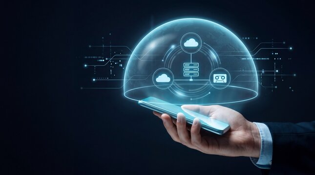 A business person holding a smartphone displaying a futuristic holographic cloud computing interface with digital network icons and data protection dome