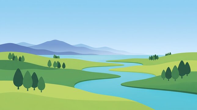 Minimalist nature landscape with winding river, green hills and distant mountains, simple vector illustration background