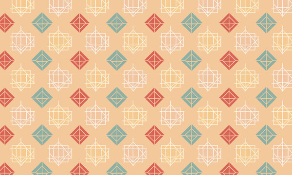 Retro Folk Square Tile Seamless Vector Pattern on Warm Peach &mdash; Vintage Repeat for Textile and Wallpaper